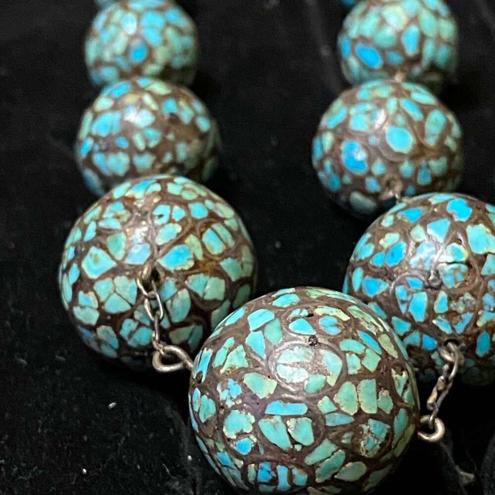 Vintage Turquoise Mosaic Beaded Necklace With Silver Tone Chain